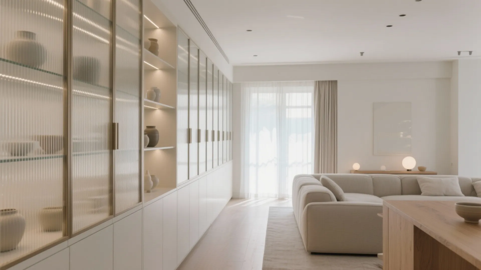 Glass-Front and Mirrored Wall Units for Airy Display