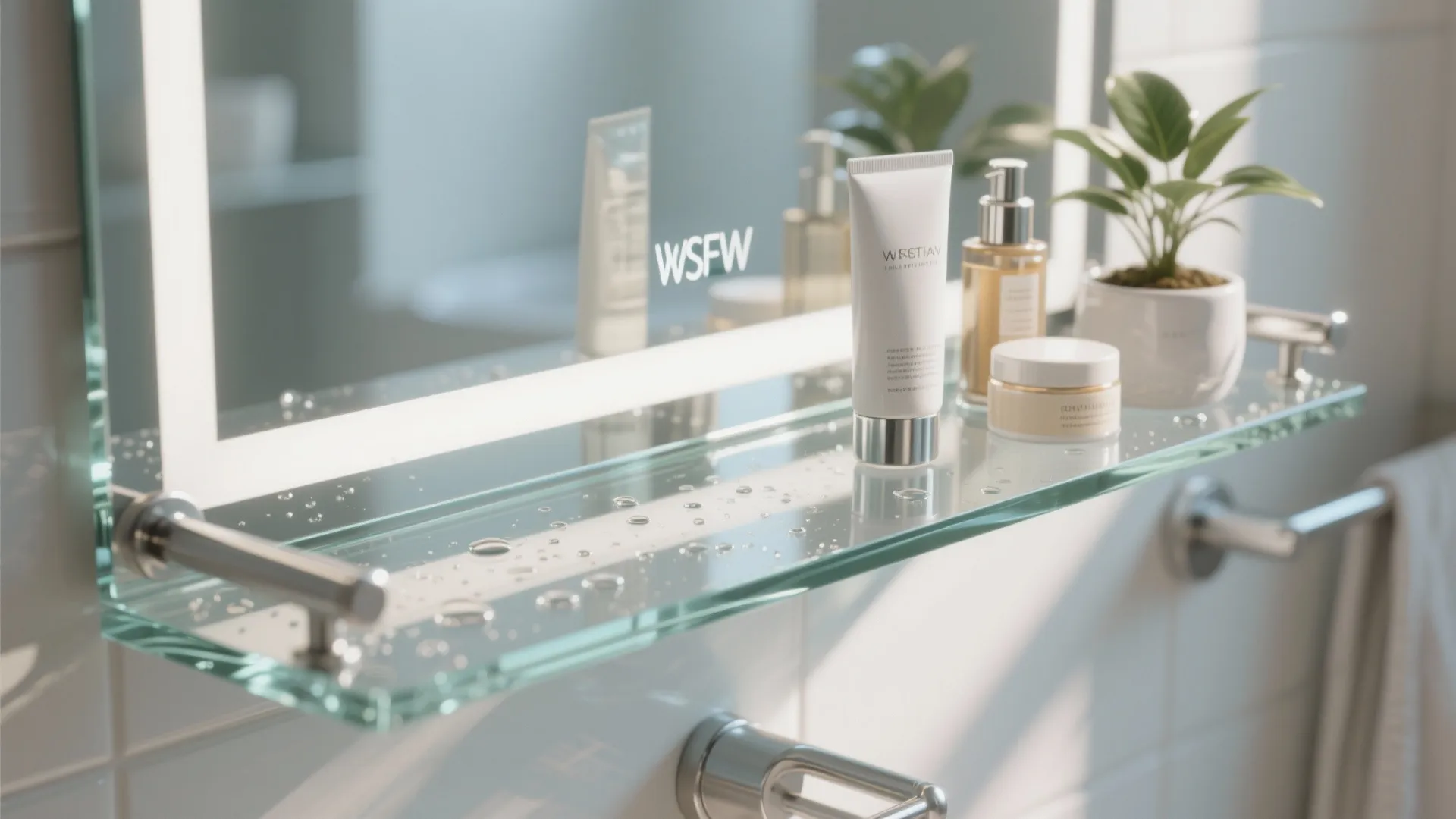 Close-up of a glass and mirrored shelf with metal brackets reflecting light and small toiletries.