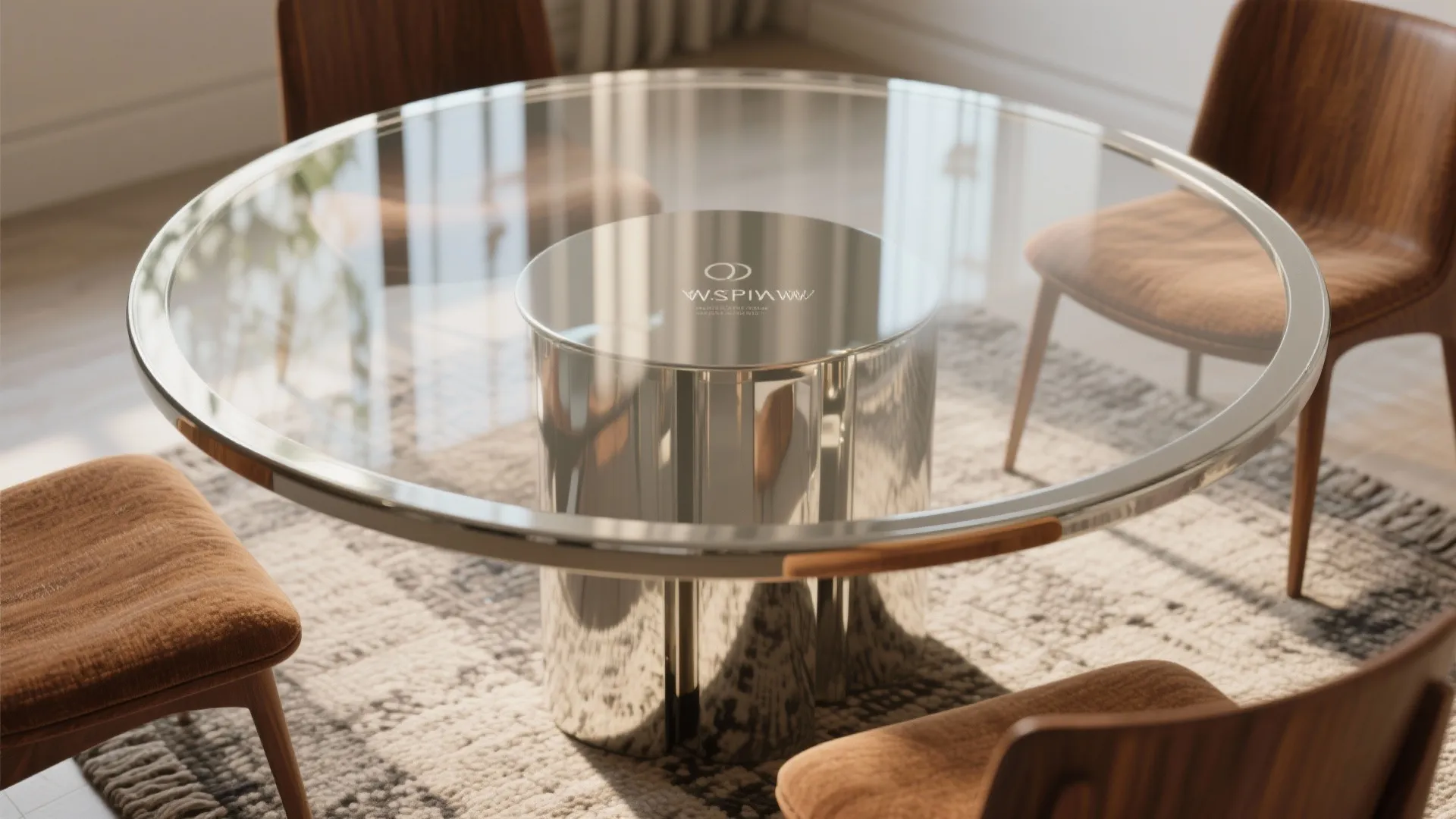 Macro detail of a round glass dining table reflecting light, paired with warm chairs and a textured rug.