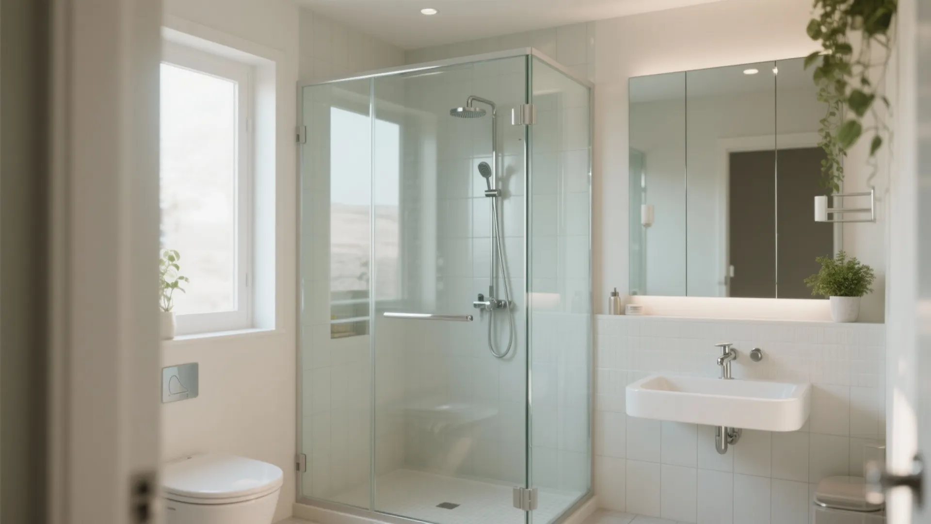 Modern bathroom featuring a glass shower door large wall mirror white sink and green plants
