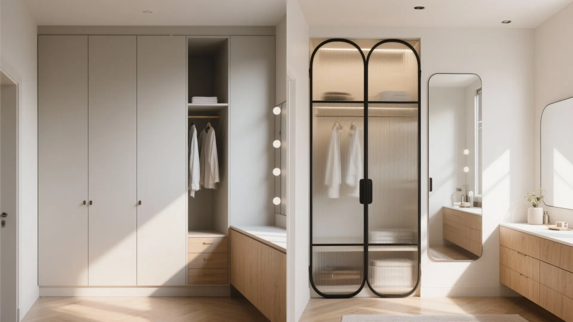 Glass-front wardrobes and mirrored elements for airy visual space