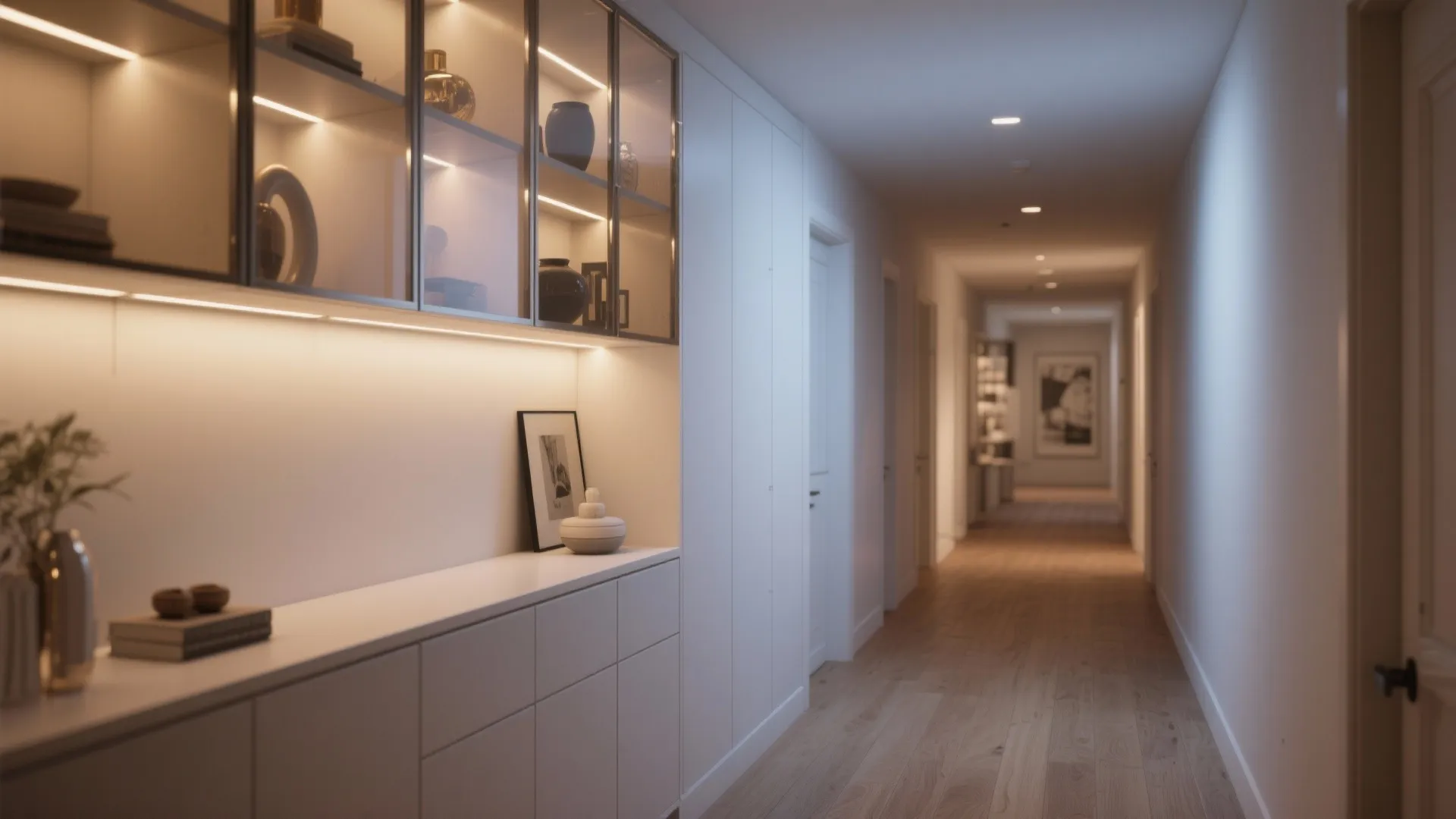 Modern hallway with glass front cabinet warm light fixture white walls and light wood flooring
