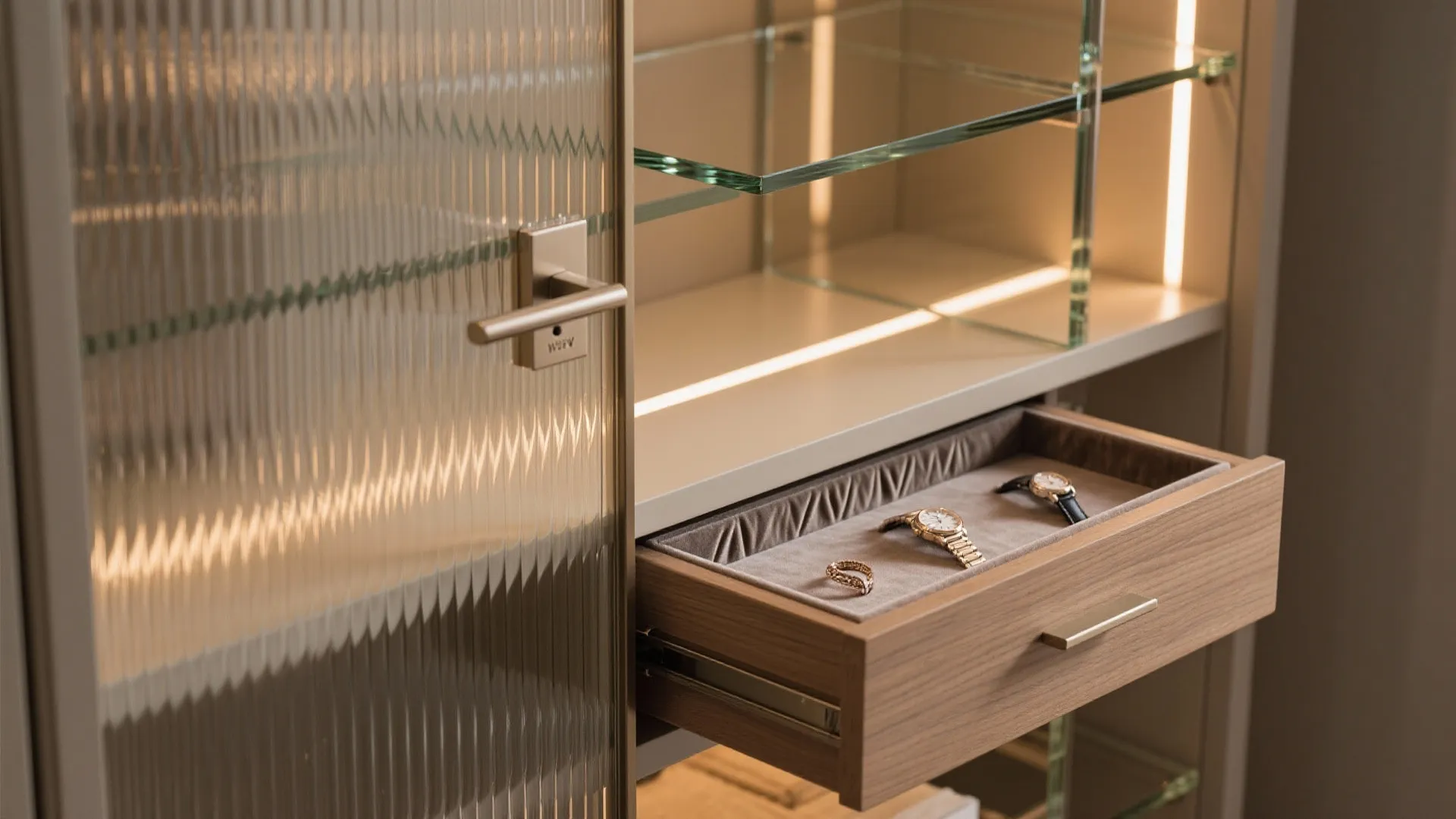 Open wooden drawer with watches inside glass cabinet featuring warm interior lights and gold handle