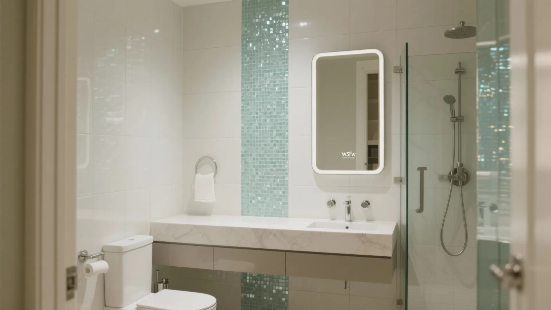 Glass mosaic accents for sparkle and depth