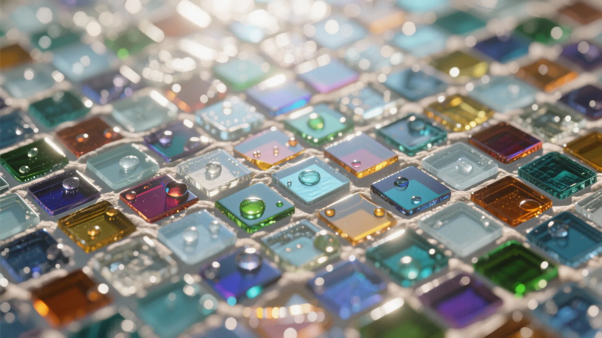Close up view of colorful glass mosaic wall tiles with water drops under bright warm lighting