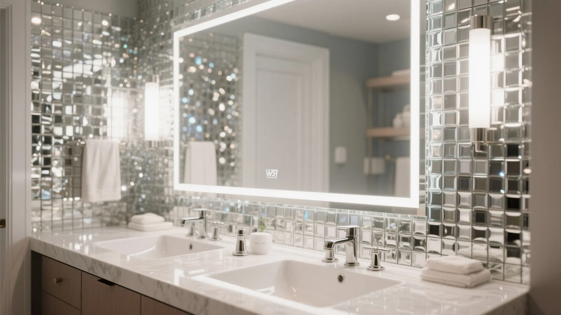 Luxurious bathroom vanity with double sinks lighted mirror silver faucets and shiny mosaic tile wall panel