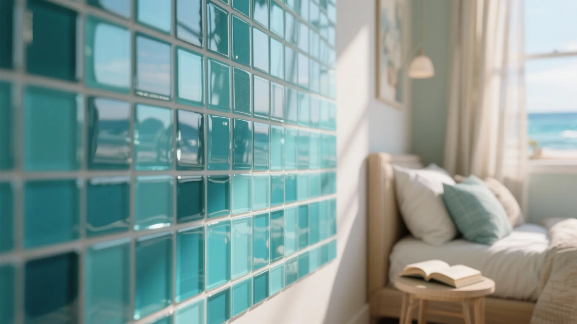 Bright blue glass mosaic tiles on a bedroom wall near a window and cozy bed