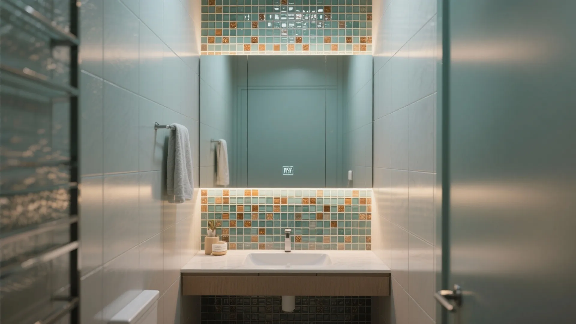 4) Glass Mosaic Accents with Light-Tuning