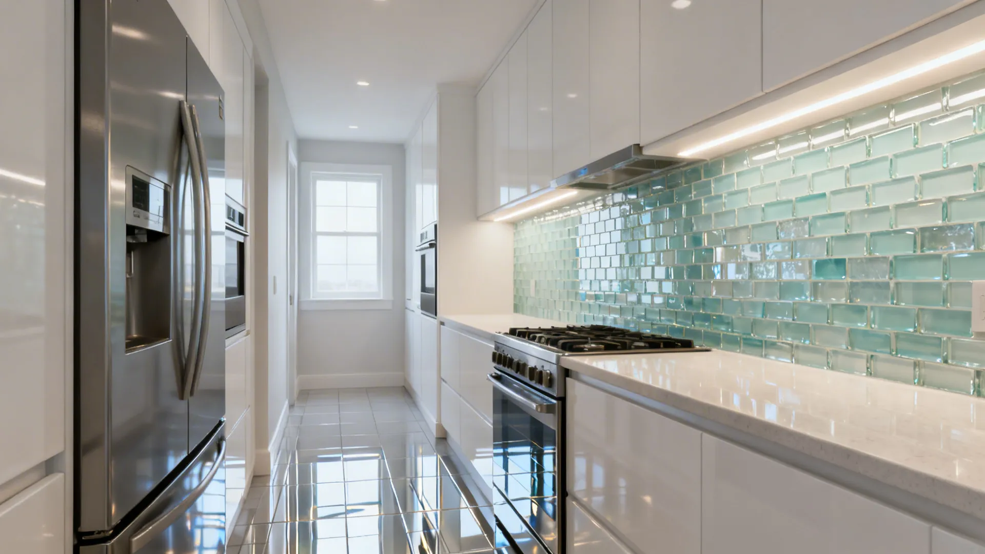 Galley kitchen with pale sea-glass mosaic accent wall reflecting soft LED and daylight.