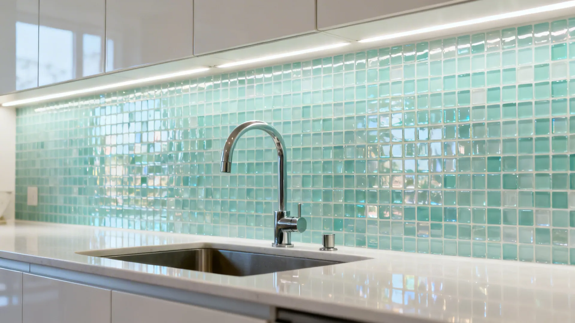 Glass tile backsplash for light and depth