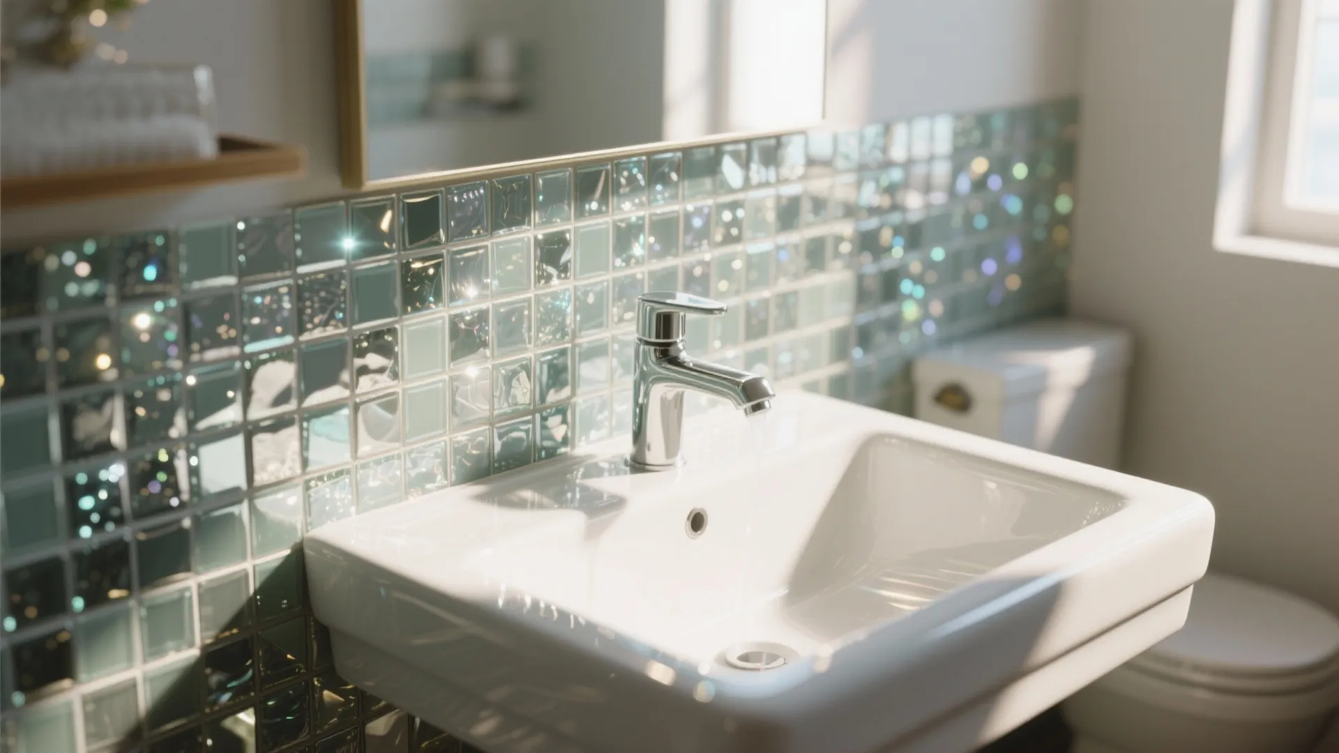 Bathroom sink with shiny green glass wall tiles and silver faucet under bright sunny light
