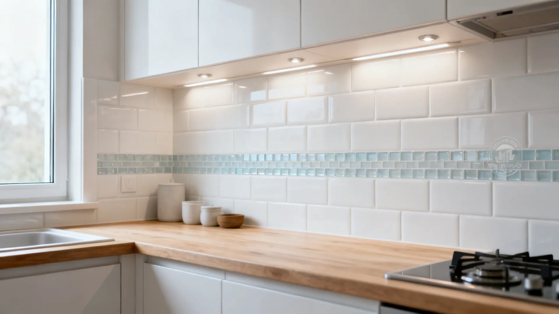 Matte white backsplash with a thin pale glass mosaic band reflecting soft light.