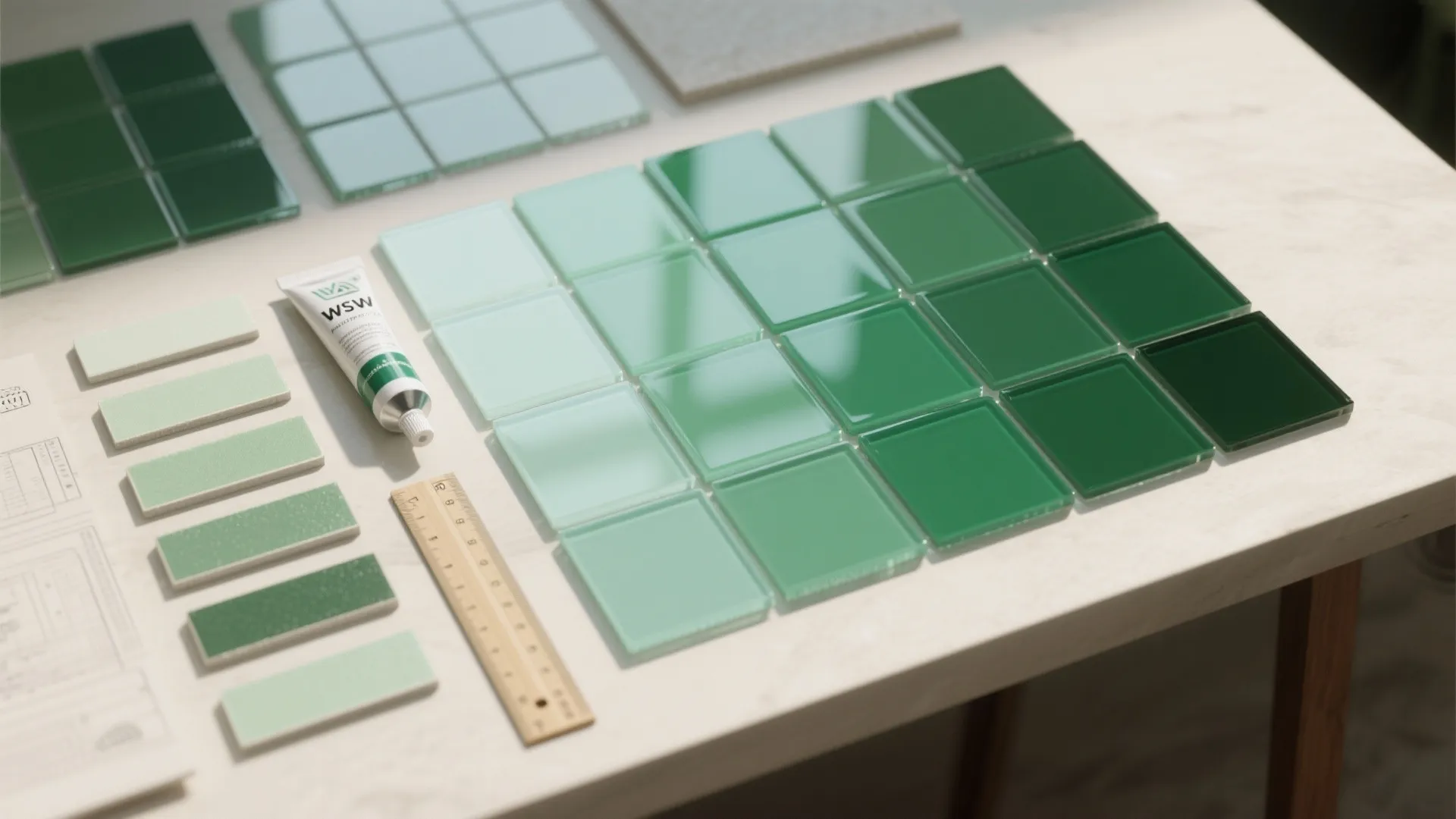 Green glass tiles in different shades on table with ruler and white tube for home projects