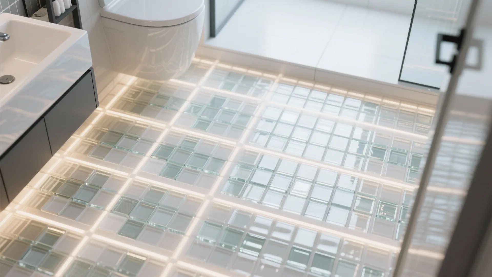 Top view of frosted and clear glass mosaic tiled bathroom floor