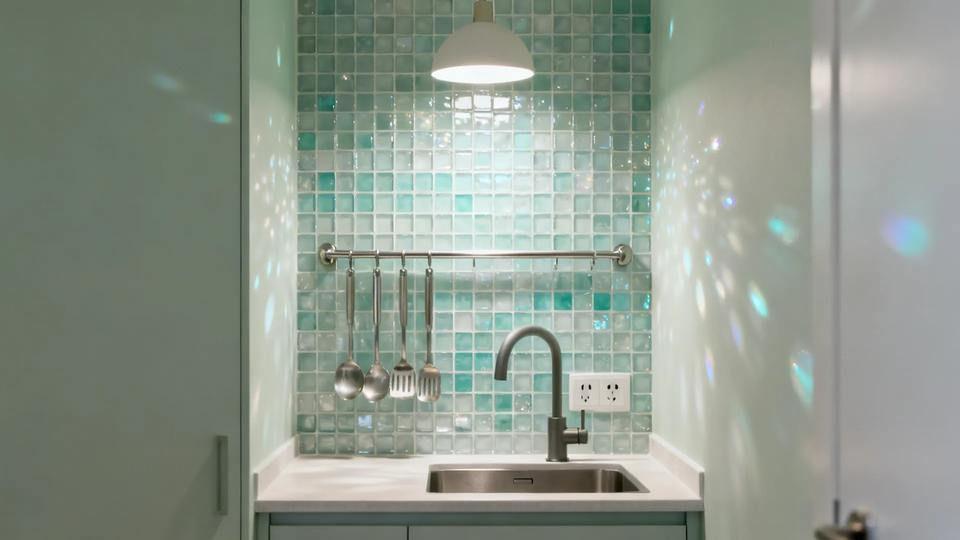 Sea-glass toned 1x1 glass mosaic backsplash reflecting soft pendant light.
