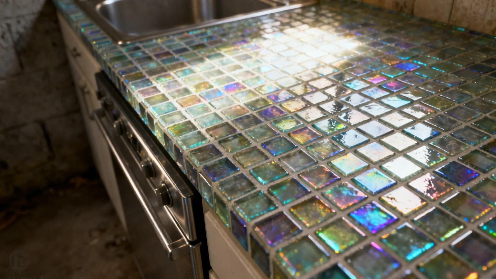 Iridescent glass mosaic tiles reflecting light to brighten a compact kitchen.