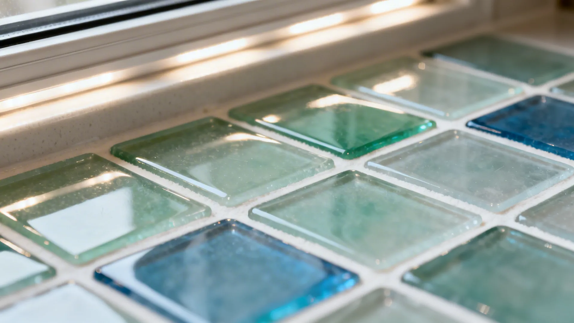 Macro of sea-glass mosaic tiles with soft reflections and clean grout lines.