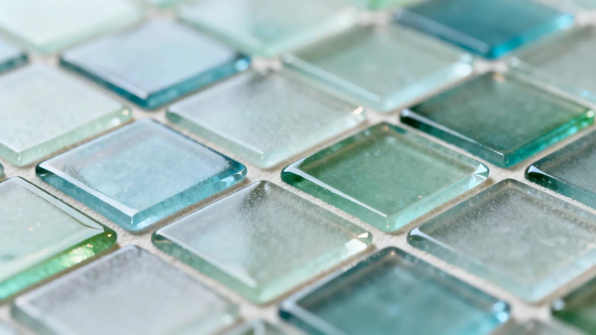 Macro of sea-glass mosaic tiles with frosted and glossy textures scattering light.