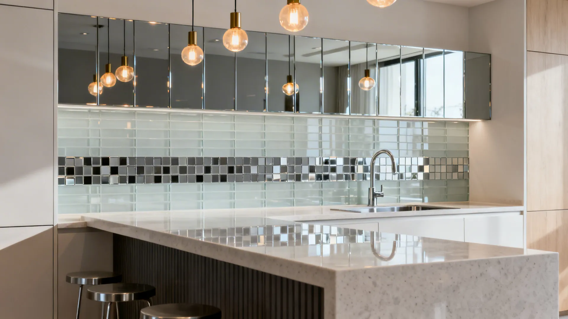 Smoky mirrored mosaic behind a bar and pale glass tiles by the sink reflecting pendant light in a studio kitchen.