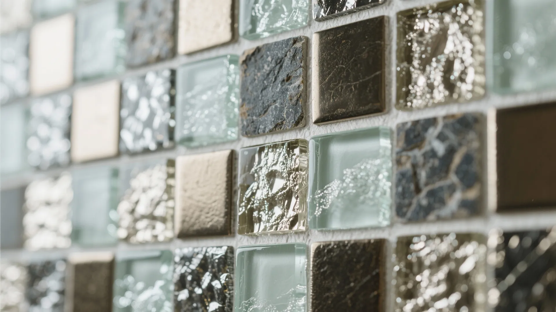 Close-up of mosaic backsplash combining glass, stone, and metal tiles
