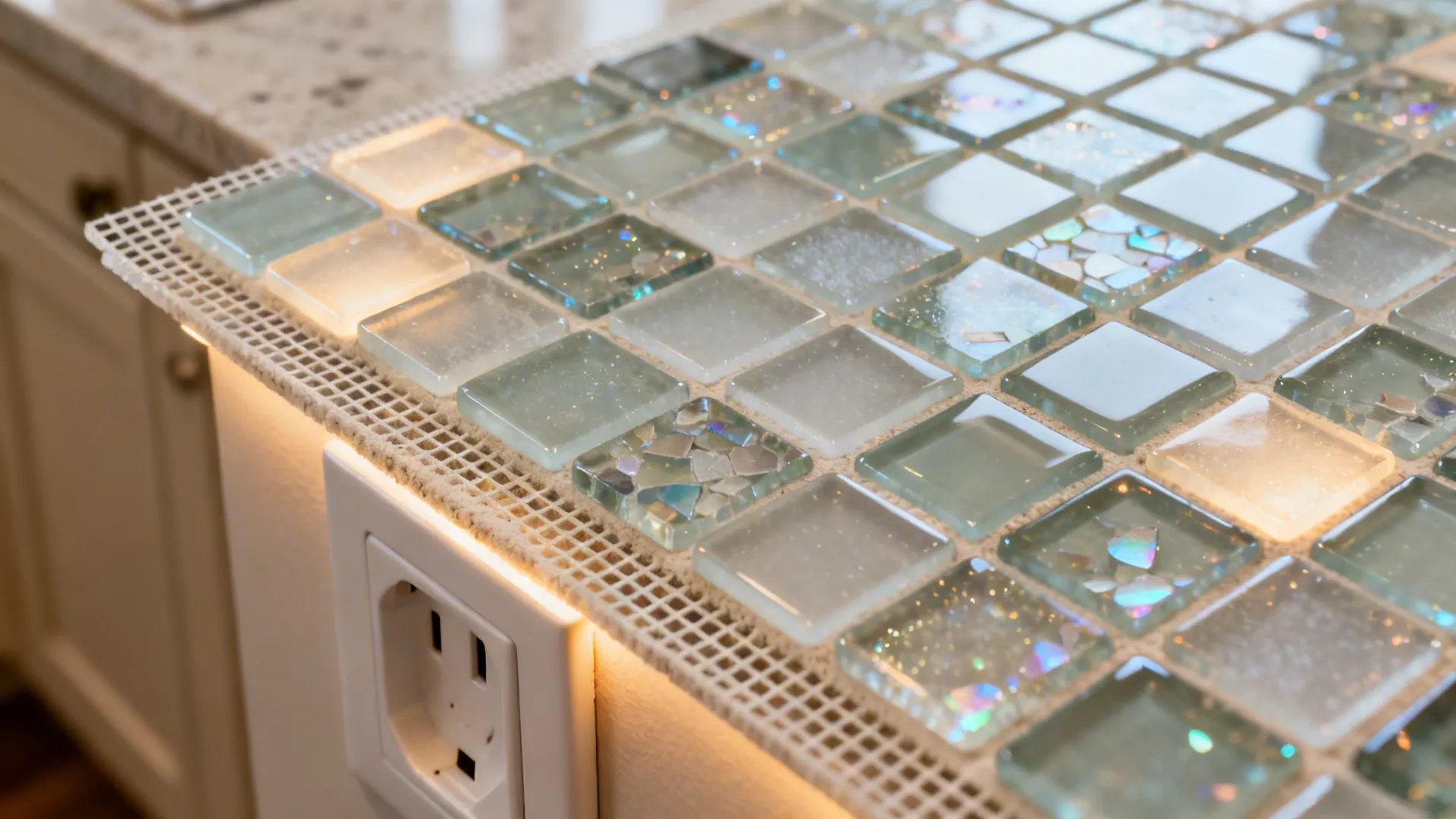 Macro view of mixed-finish glass mosaic backsplash with gloss, frosted, and iridescent chips