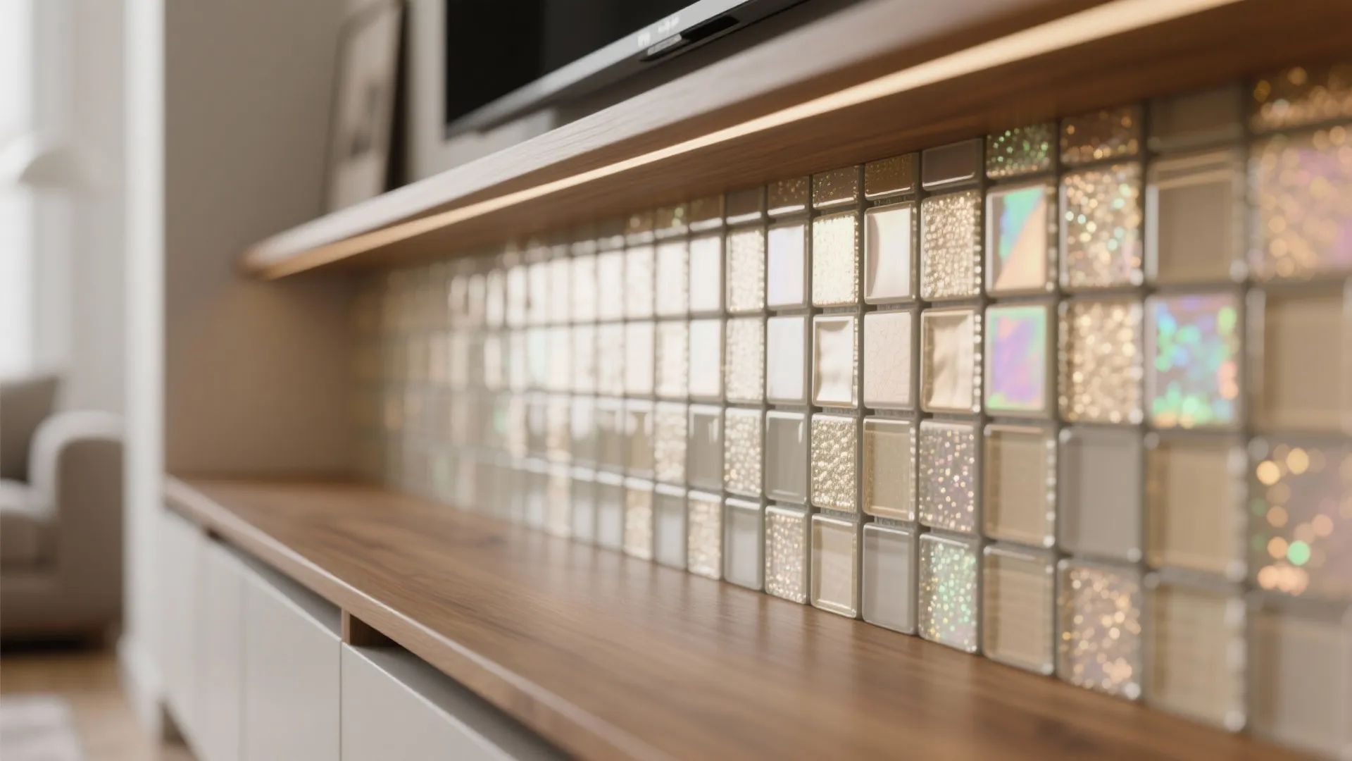 2) Glass mosaic accents to amplify light and depth