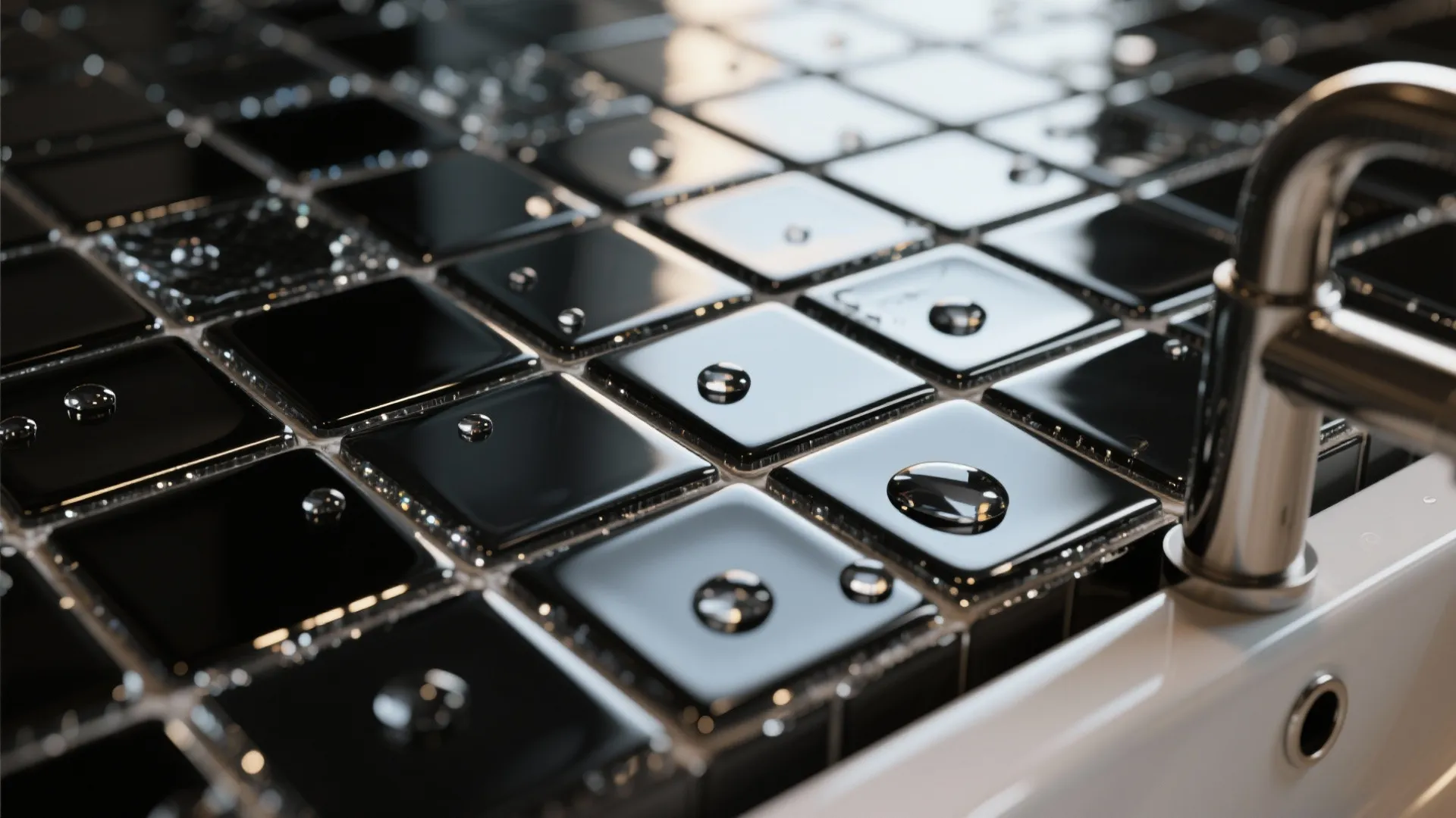 Close up of shiny black square wall tiles with water drops near a metal water faucet