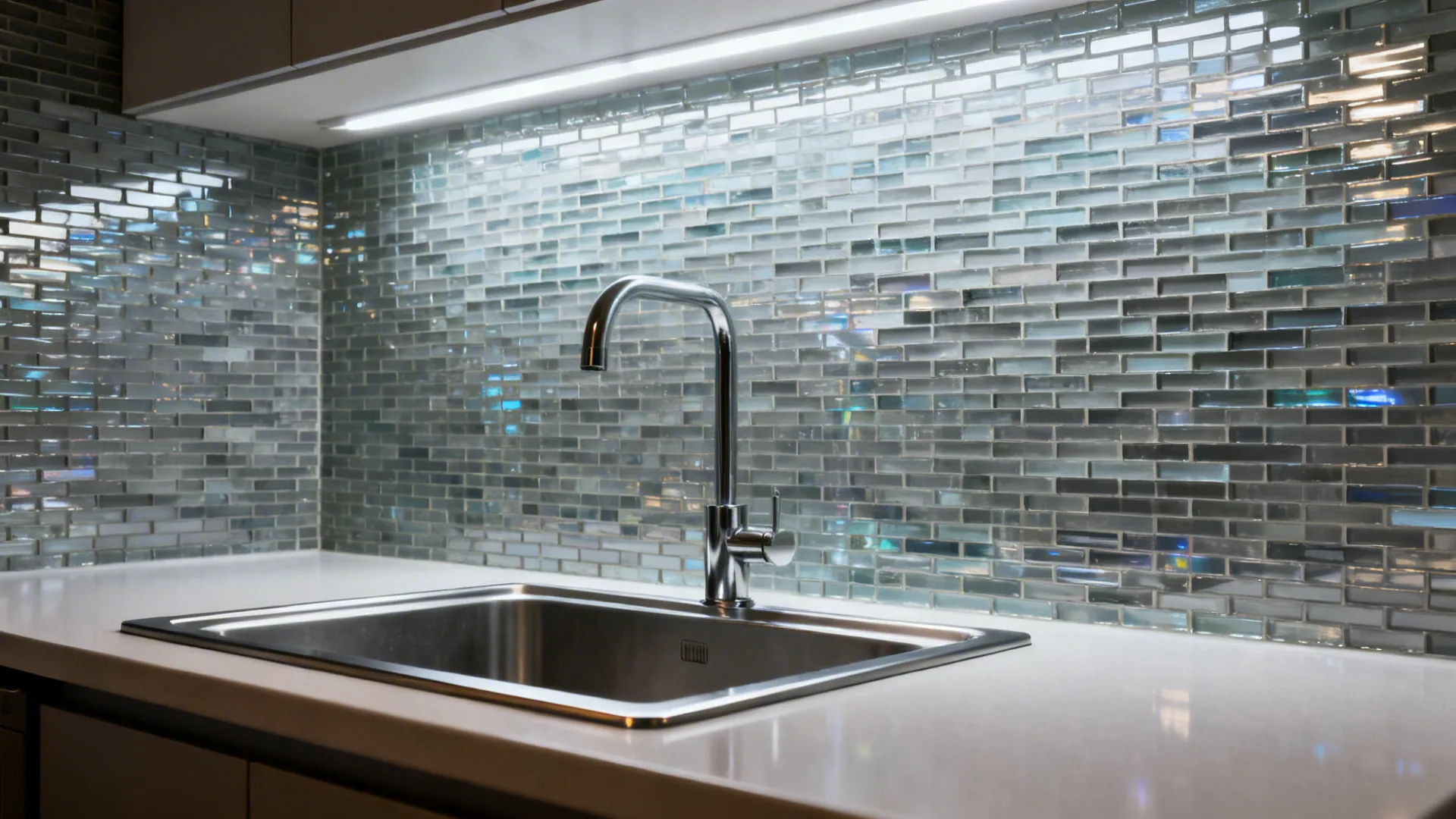 Glass mosaic backsplash behind a compact kitchen sink that reflects ambient light.
