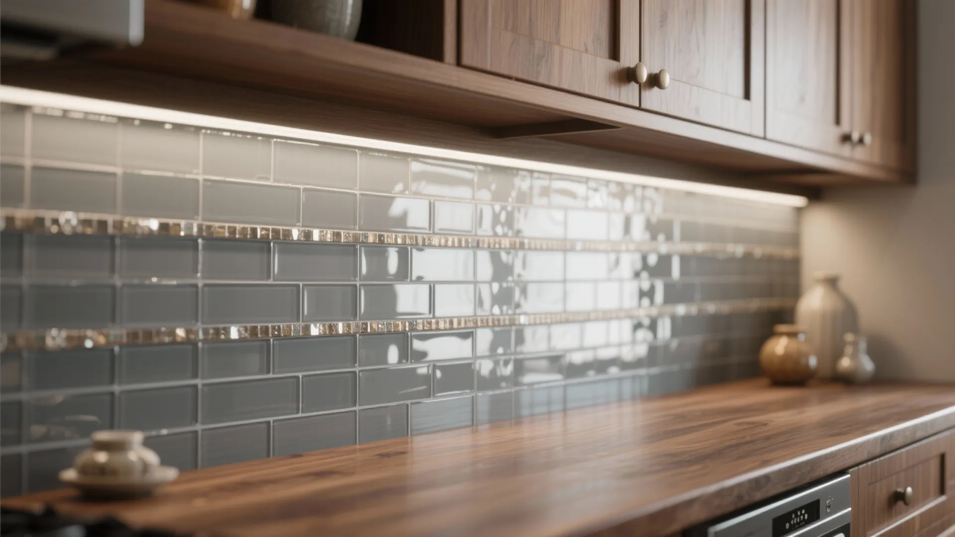 Narrow gray glass mosaic accent strip above a walnut countertop reflecting light.