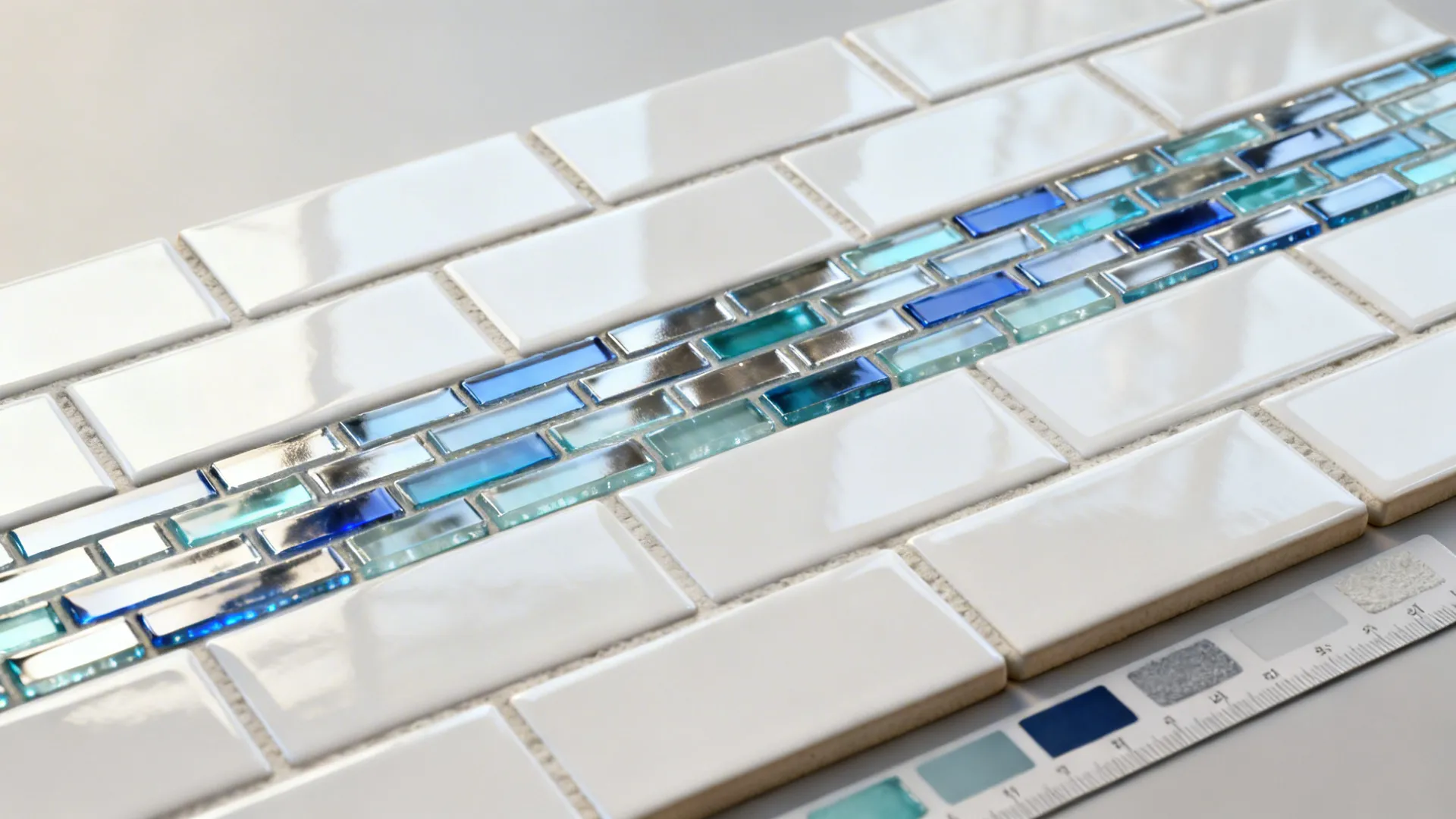Glass mosaic accent strip in metallic blues and sea-glass tones displayed above white tile samples with grout swatches.