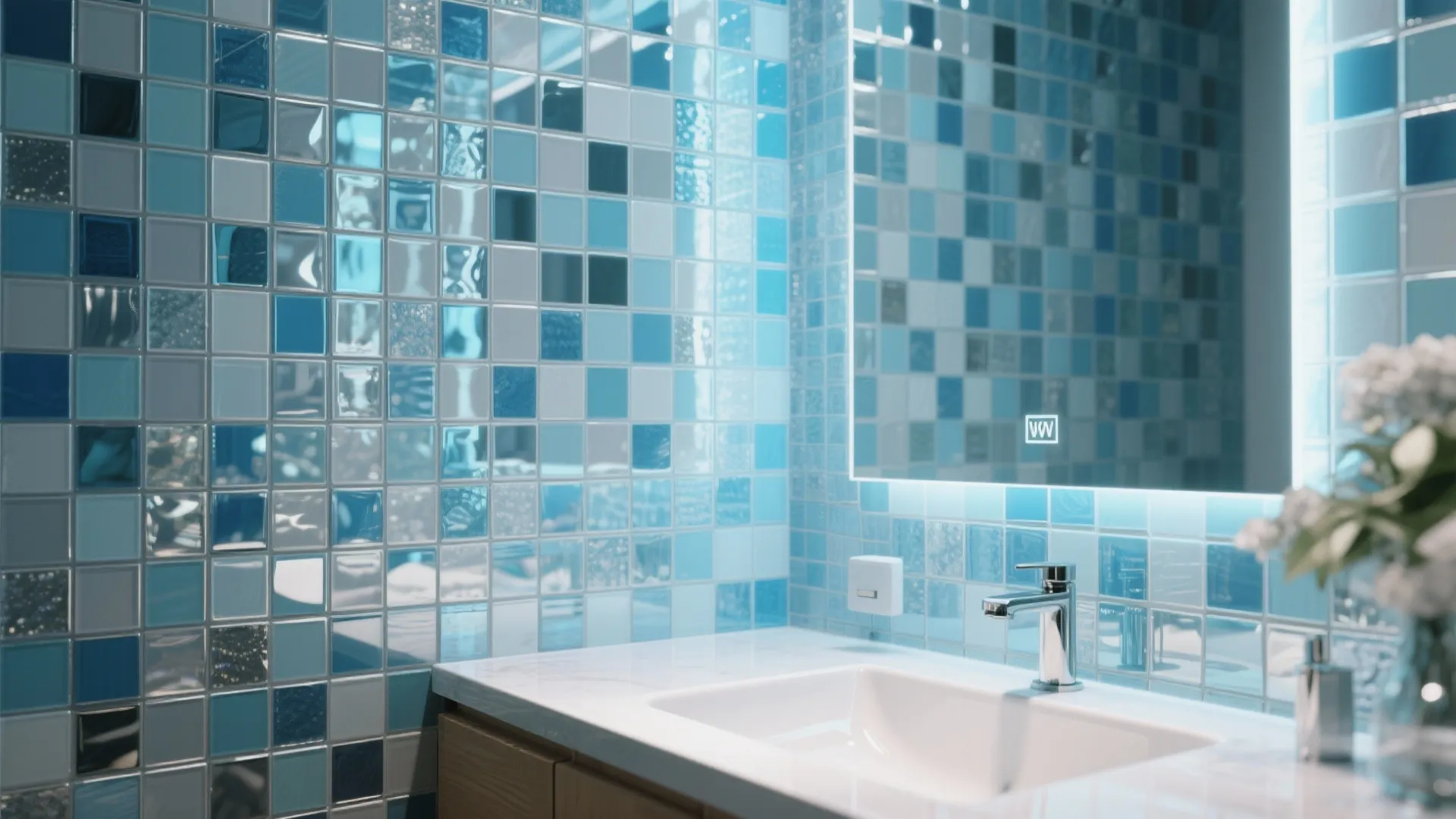 1. Go All-In with a Glass Mosaic Wall