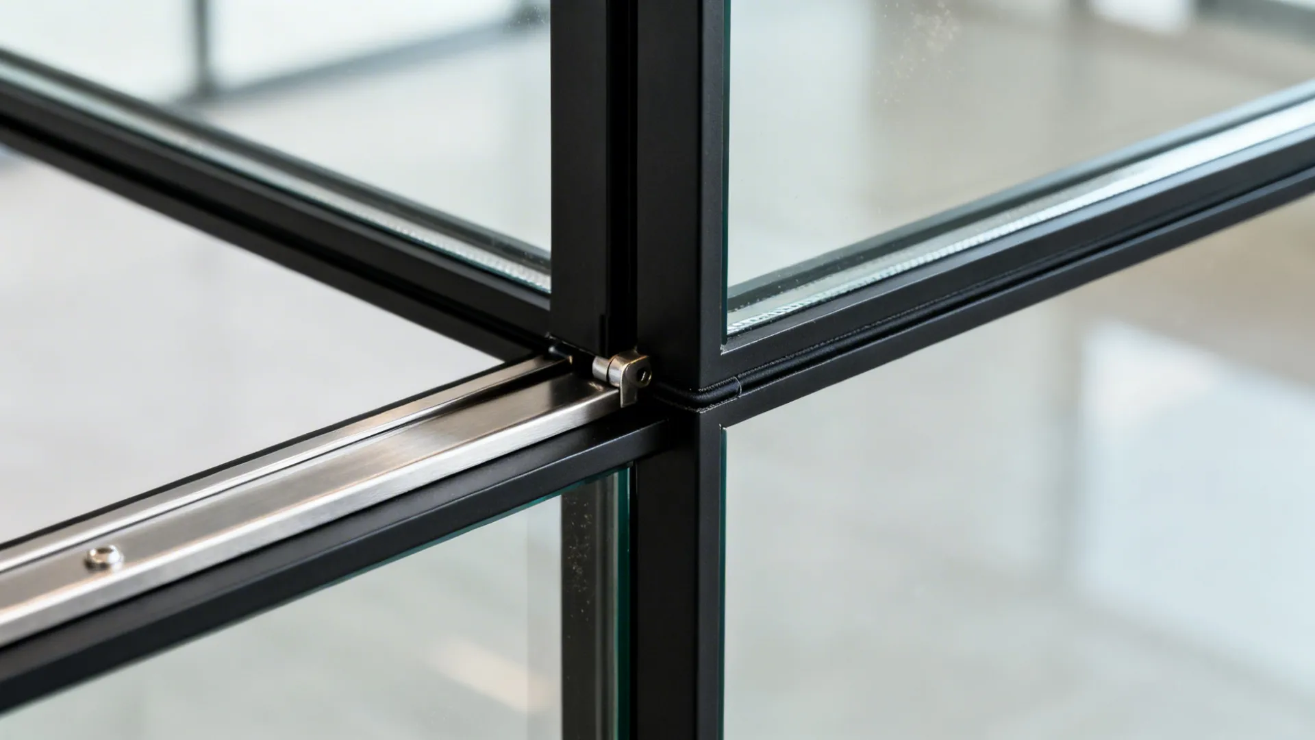 Macro of black mullion and low-iron tempered glass with clean seals in a sliding partition.