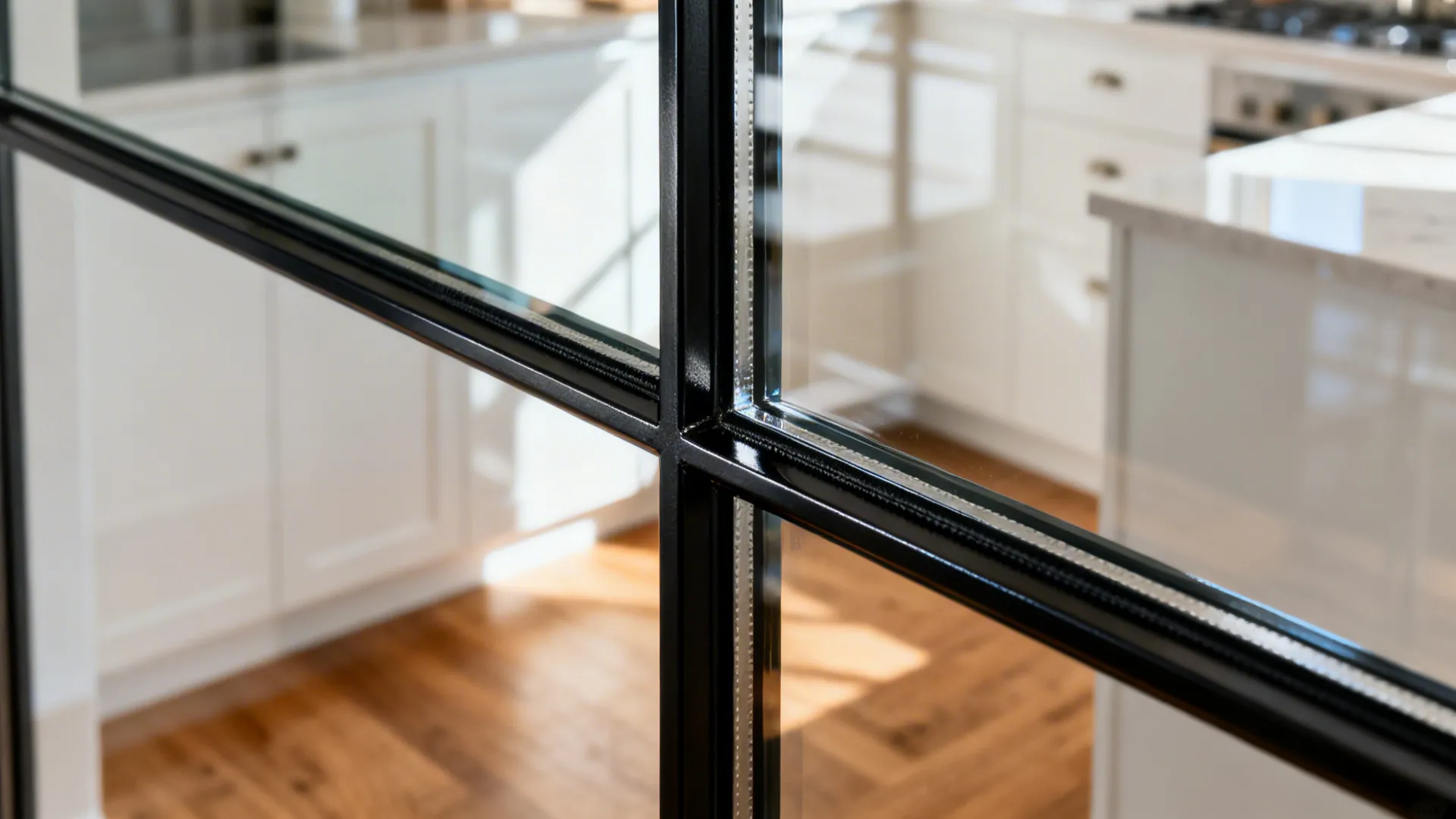 Macro detail of tempered glass and slim black mullion in a kitchen partition.