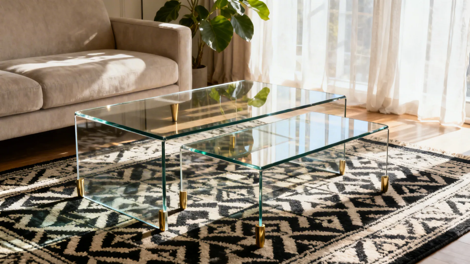 Glass nesting coffee tables with gold legs on a patterned rug next to light sofa