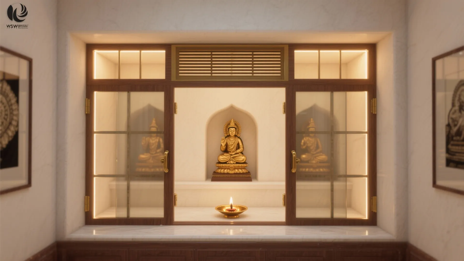 Small golden statue inside a glass display cabinet with warm lighting and a small lit candle