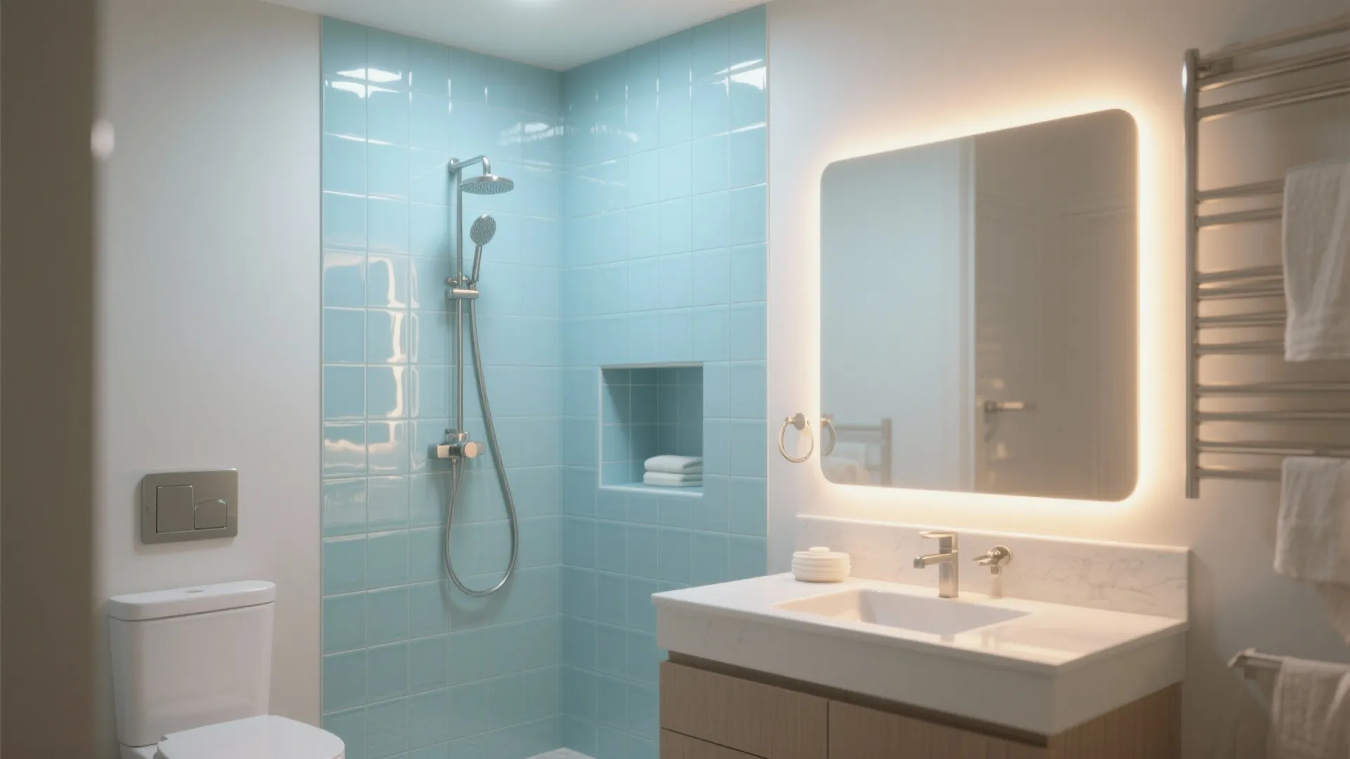 Glossy glass around the vanity and niche to bounce light