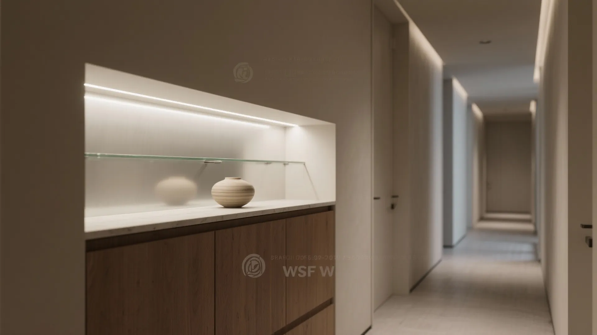 Glass-backed display niche with concealed storage