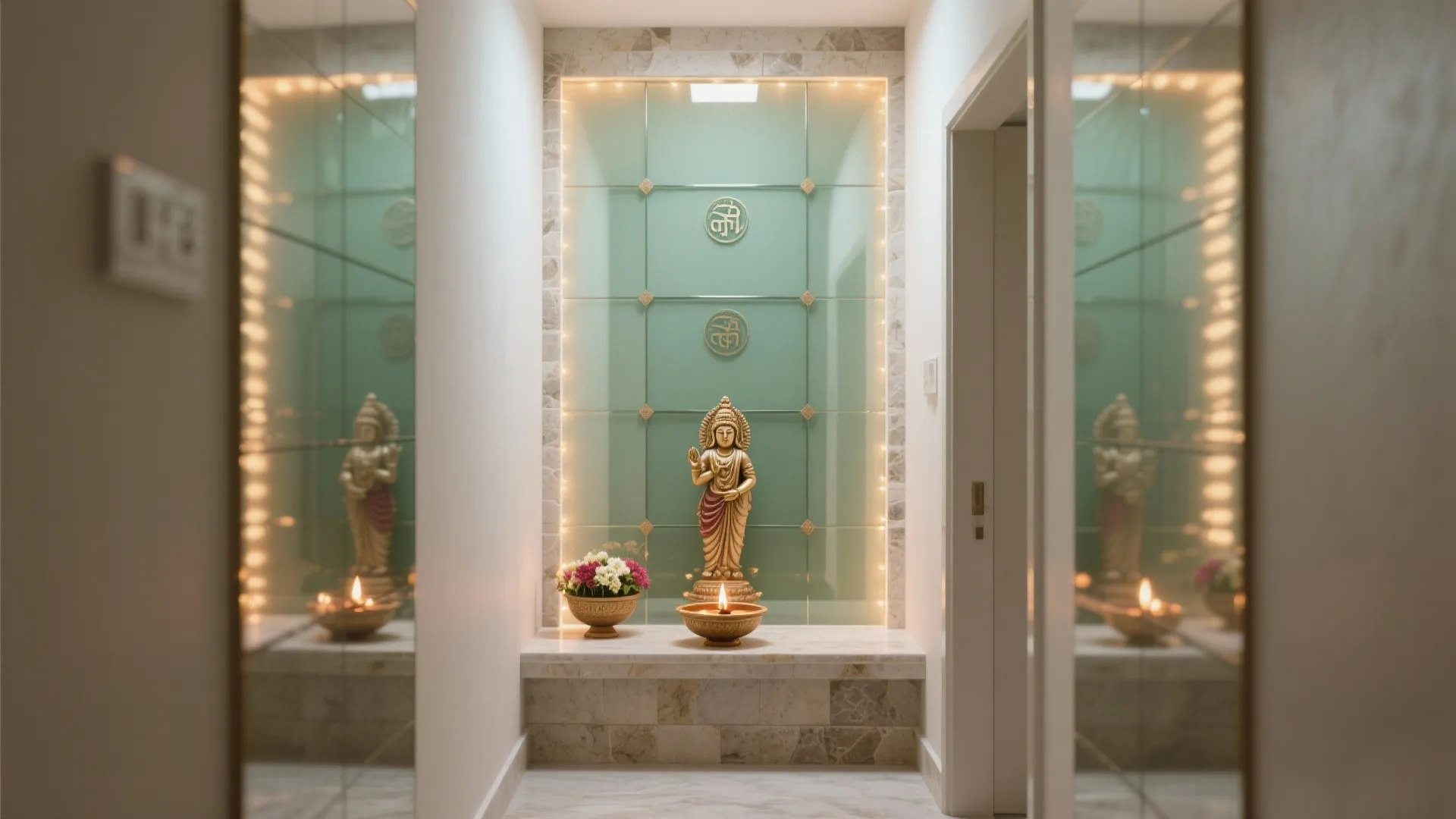 Small prayer space in hallway with glass wall gold statue marble shelf and soft lighting