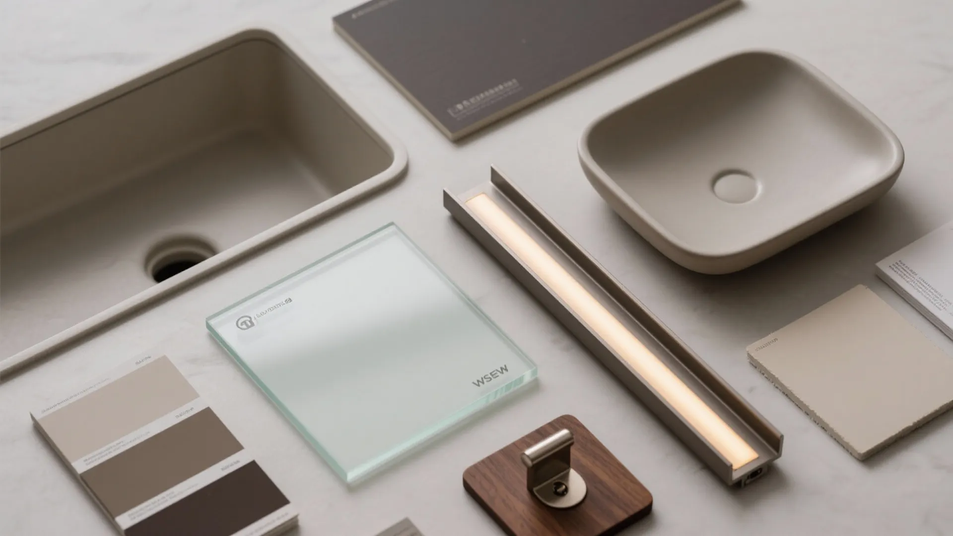 Various interior design material samples including sink glass tile light fixture and wood color palette