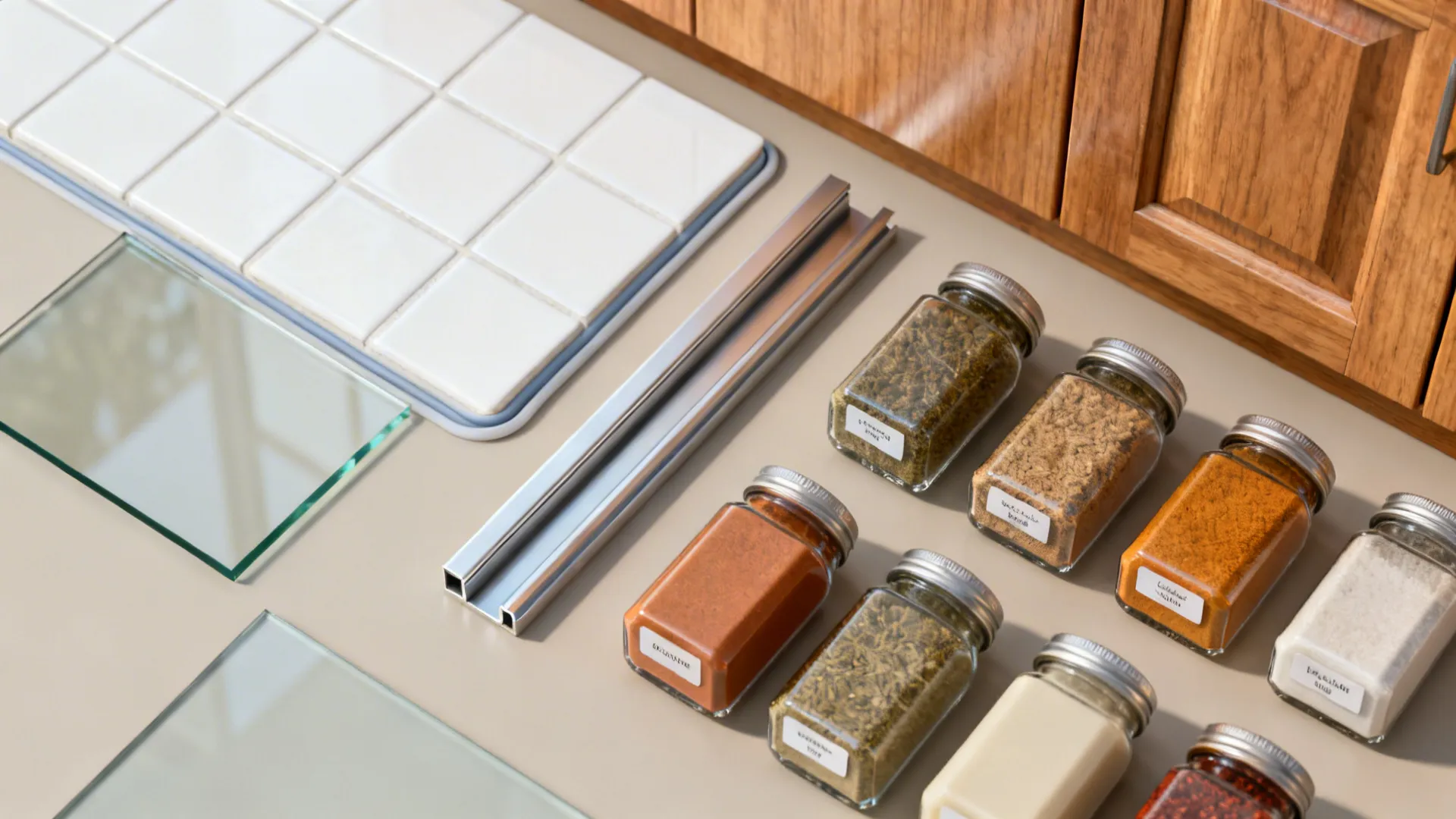 Flat lay of glass, tile, gasket, aluminum channel, wood veneer, and spice jar samples.