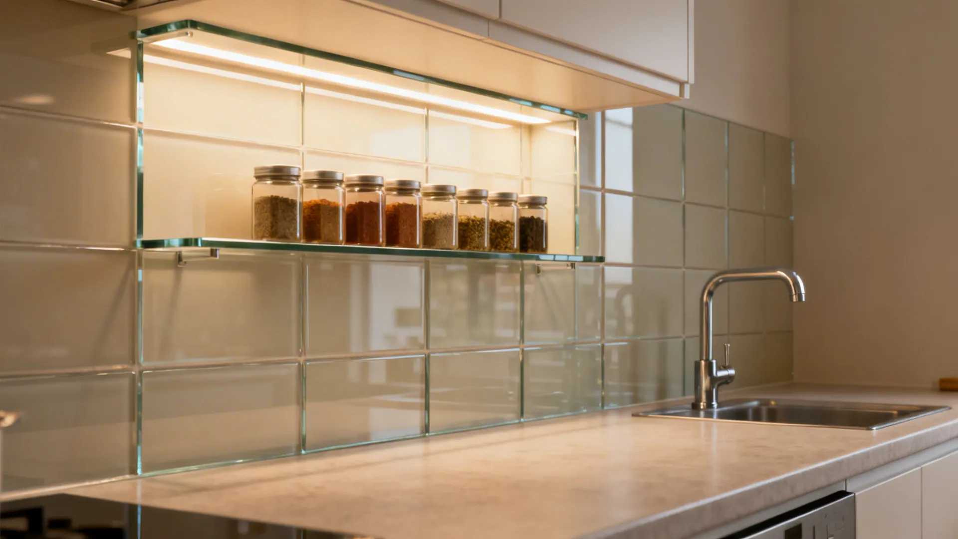 Shallow glass backsplash niche with a slim shelf displaying neatly arranged spice jars.
