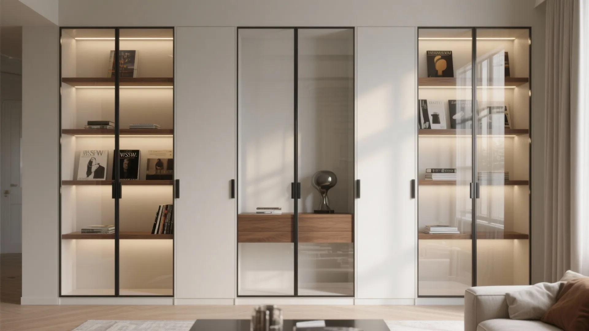 Glass-front and open niches for visual lightness