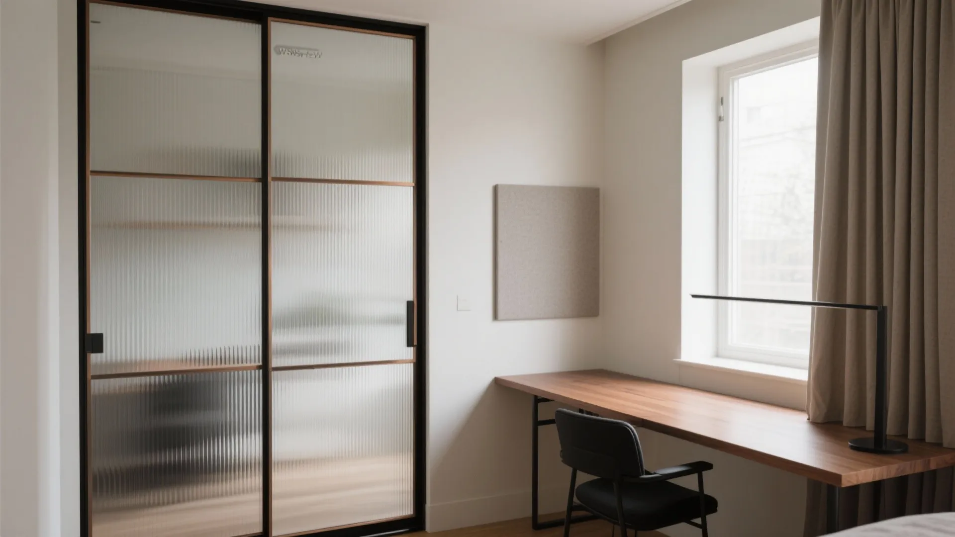Modern home office with glass sliding door wooden desk black chair window curtains and light