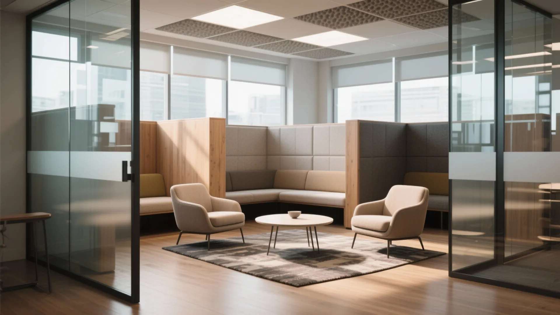 3. Flexible Meeting Nooks with Glass Partitions