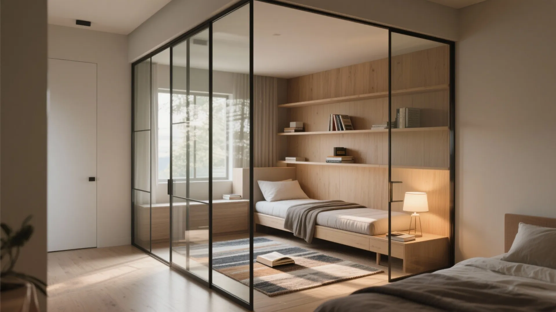 Enclosed glass nook with slim futon and built-in shelving, sunlit and cozy for reading and sleeping.