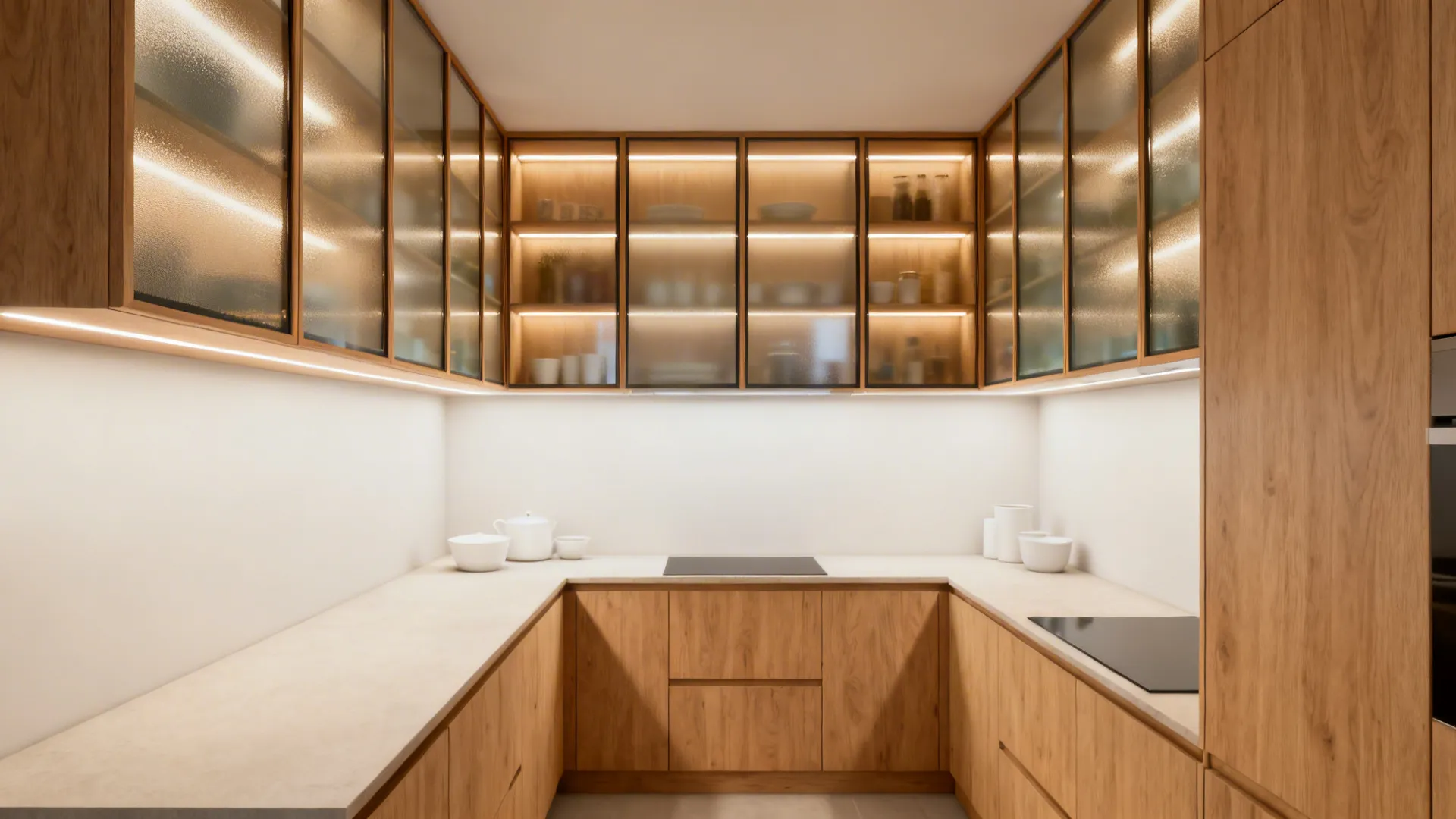 Small kitchen with slim oak-framed glass uppers and warm LED lighting for a brighter feel.