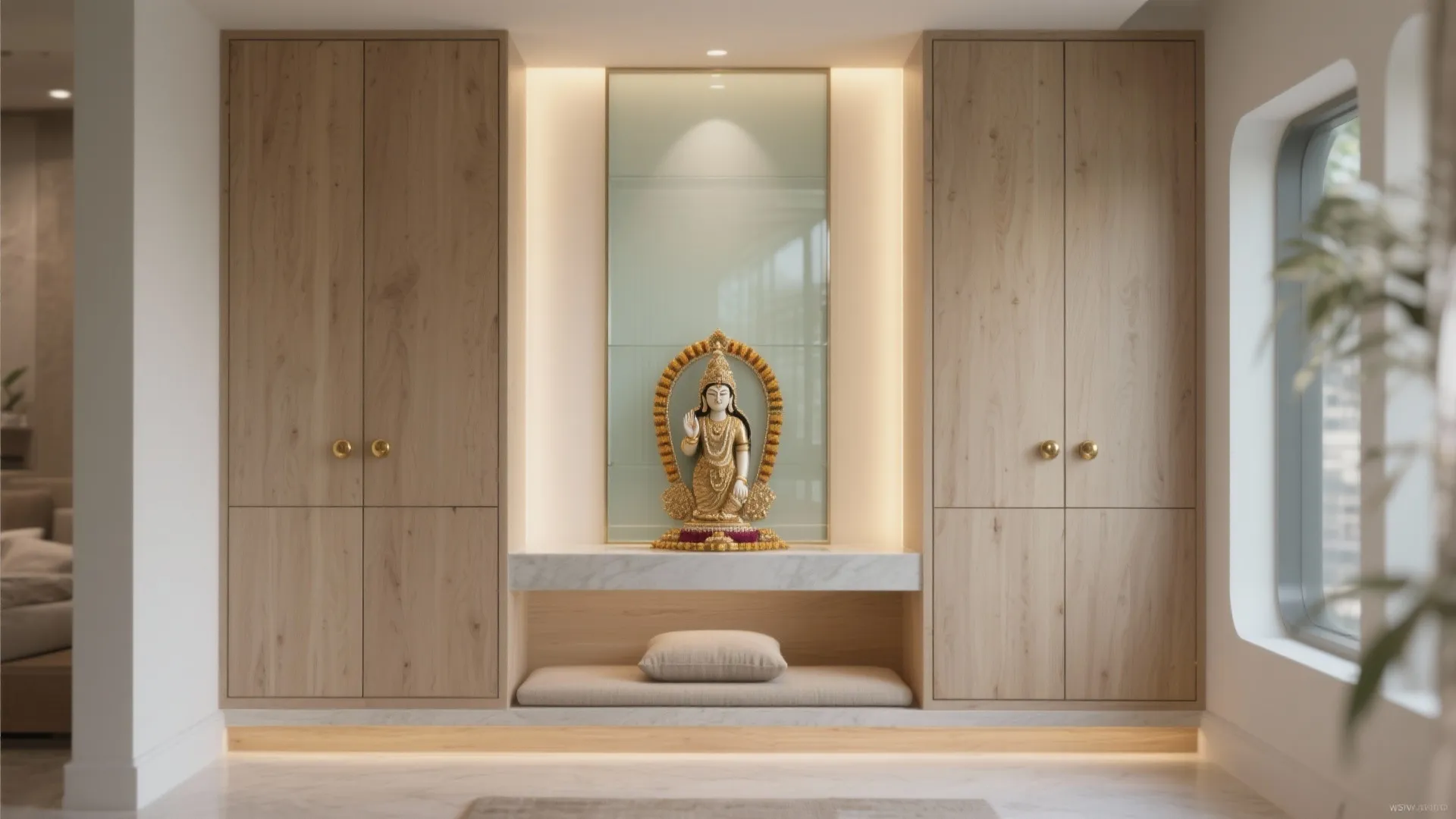 Modern wood wall cabinet with built in shelving for a statue and integrated warm lighting