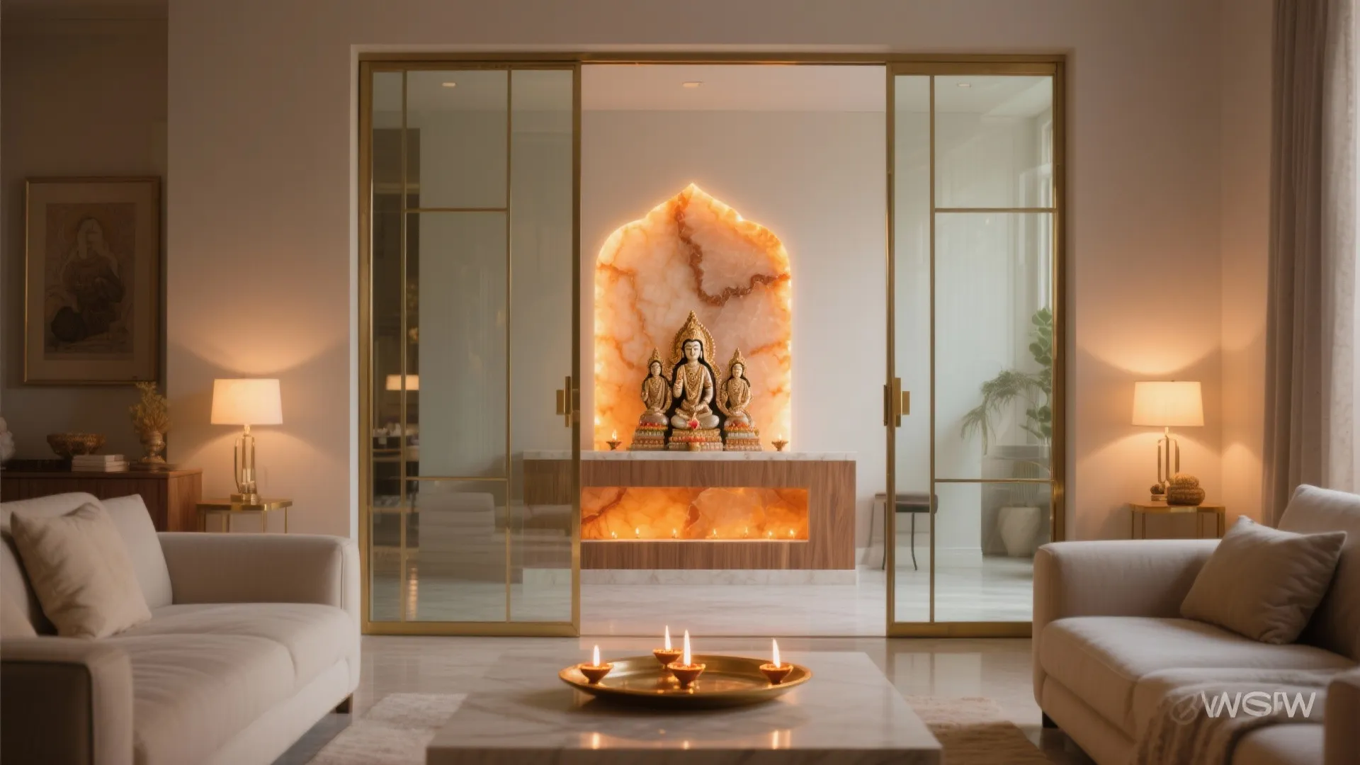 Glass-front mandir with a backlit onyx or acrylic panel