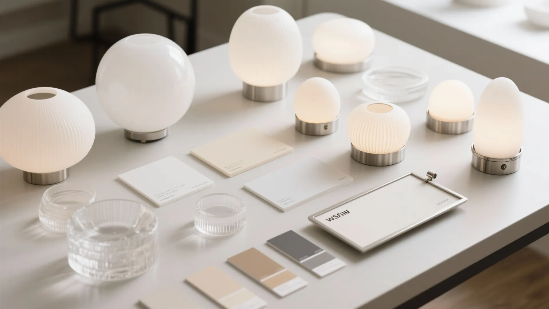 Various white round light fixtures and color samples displayed on a grey interior design table