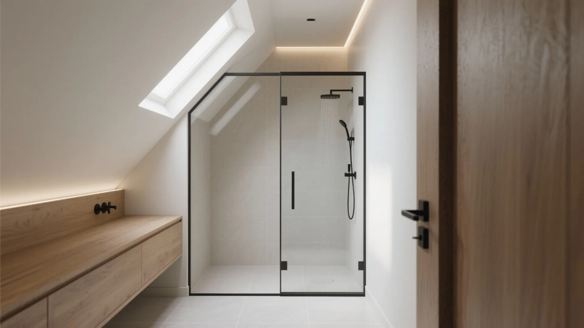 Modern bathroom under sloped roof with glass shower door wooden cabinet and white wall tiles